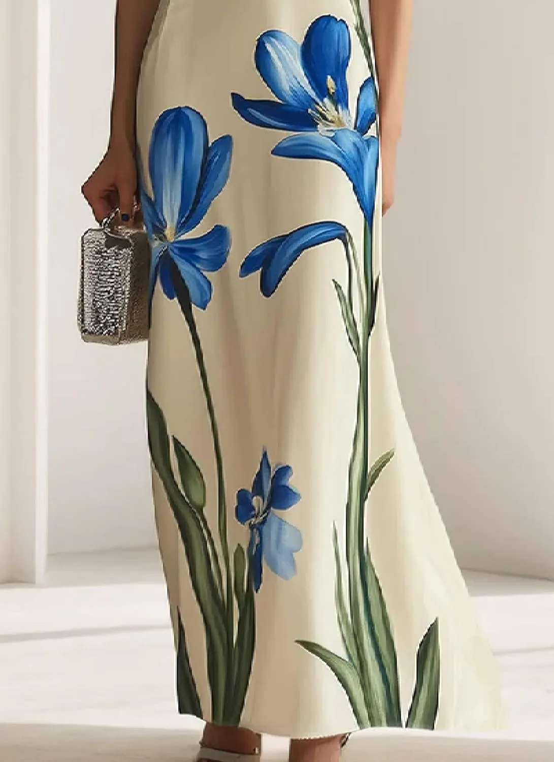 Women's Beige Sleeveless Mock Neck Shift Maxi Dress with Blue Floral Print Elegant Chic 2025 Summer Fashion Clothes