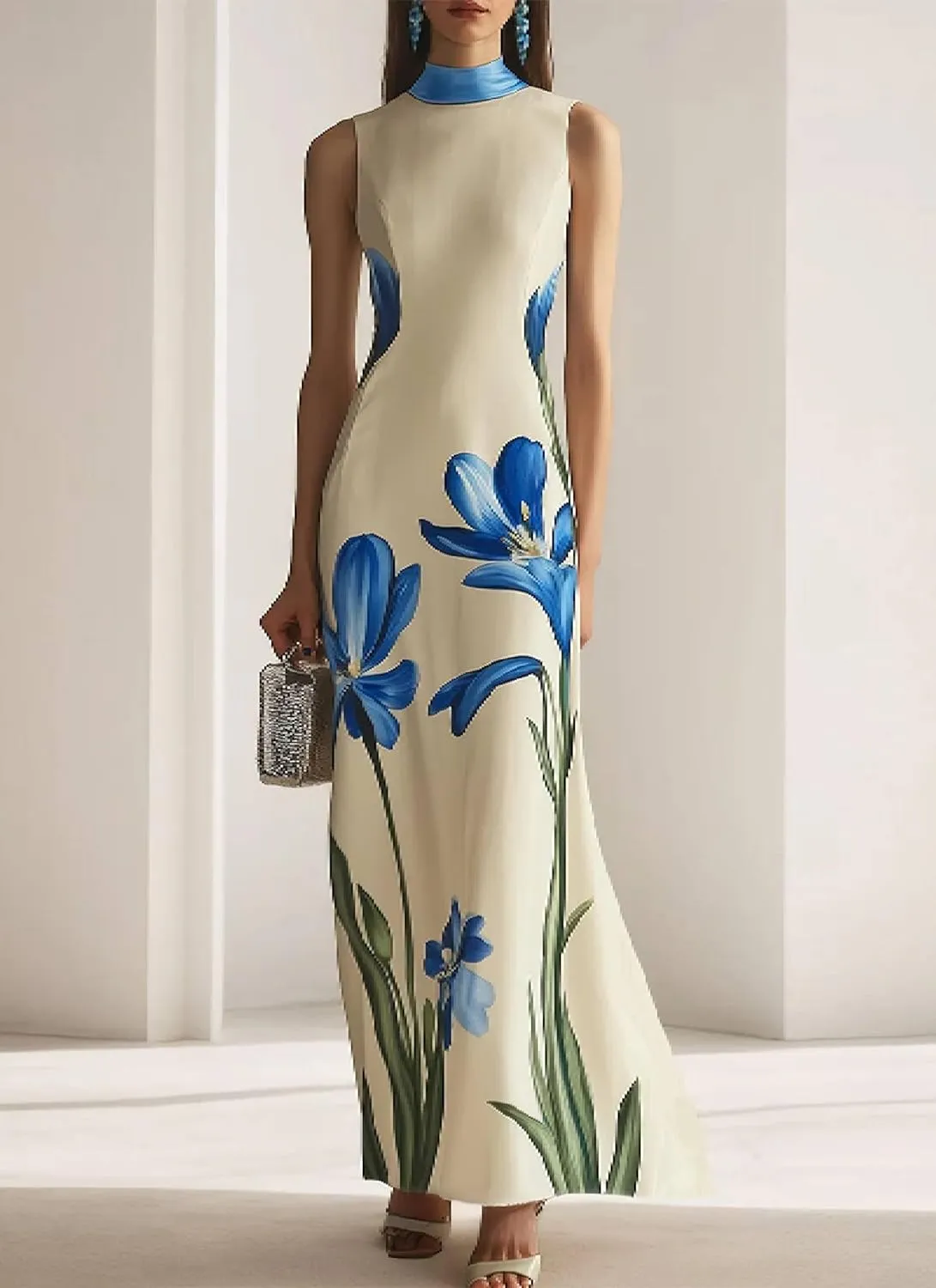 Women's Beige Sleeveless Mock Neck Shift Maxi Dress with Blue Floral Print Elegant Chic 2025 Summer Fashion Clothes