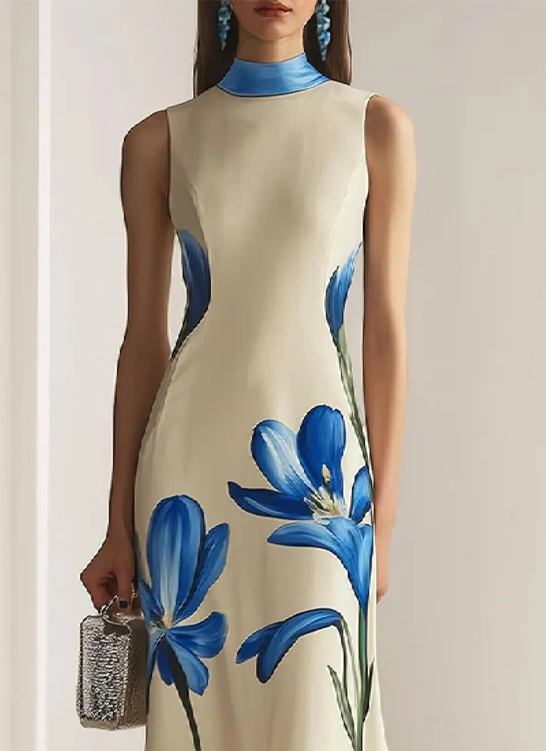 Women's Beige Sleeveless Mock Neck Shift Maxi Dress with Blue Floral Print Elegant Chic 2025 Summer Fashion Clothes