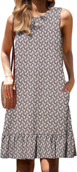 Women's Black Solid Sleeveless Crewneck Shift Mini Dress with Ruffled Hem Elegant Causal 2025 Summer Fashion Clothes