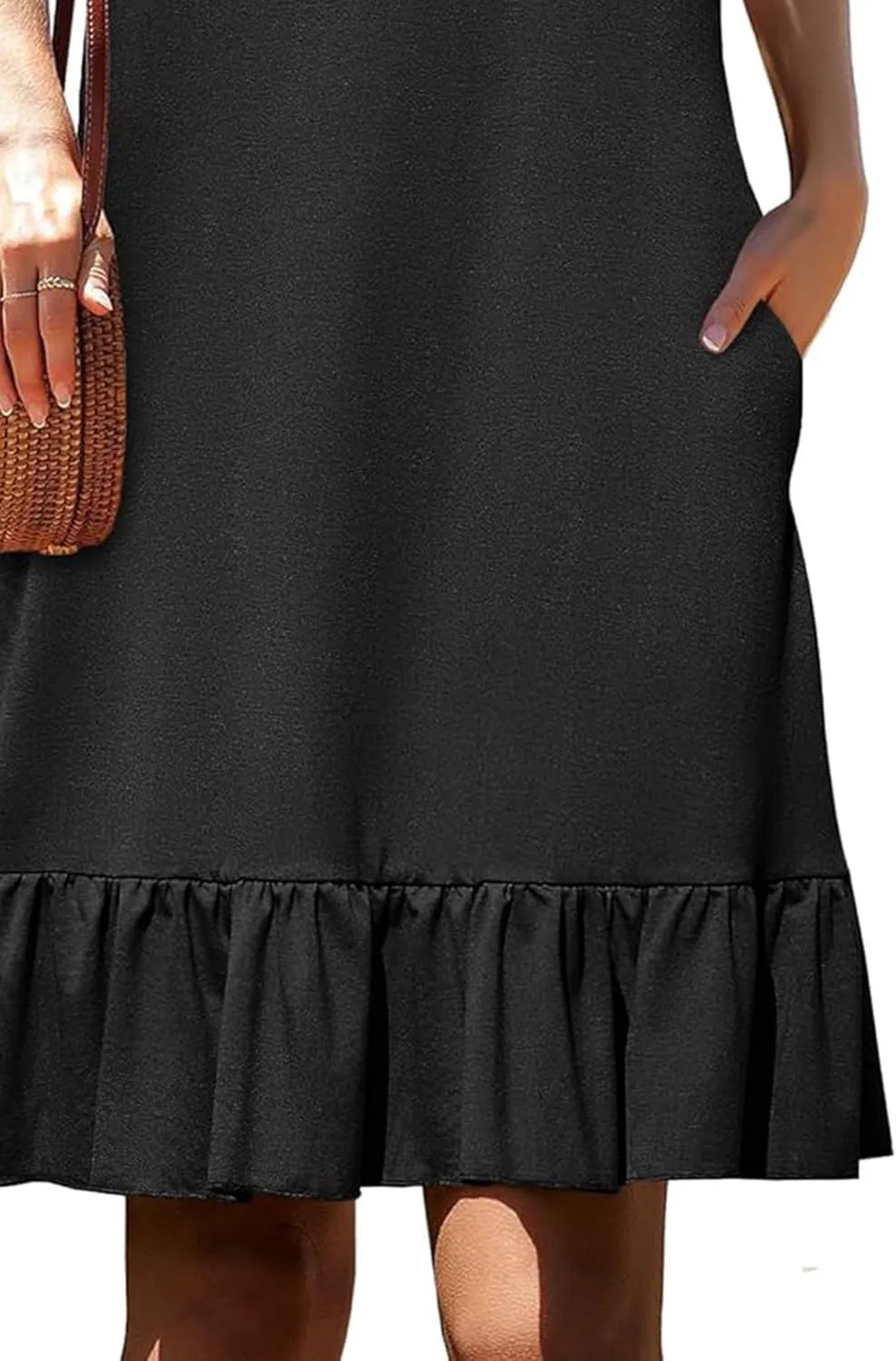 Women's Black Solid Sleeveless Crewneck Shift Mini Dress with Ruffled Hem Elegant Causal 2025 Summer Fashion Clothes