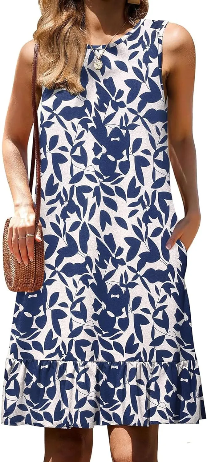 Women's Black Solid Sleeveless Crewneck Shift Mini Dress with Ruffled Hem Elegant Causal 2025 Summer Fashion Clothes
