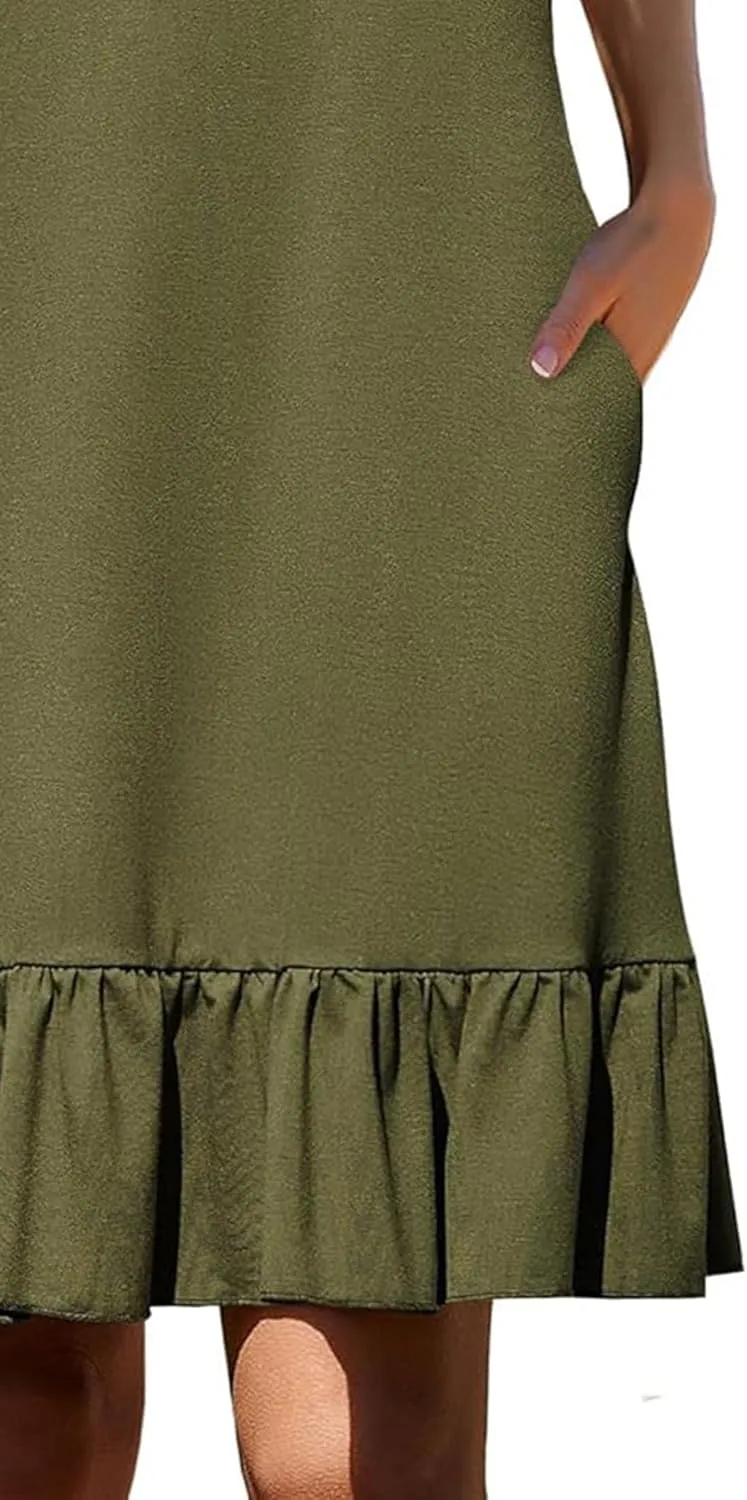 Women's Black Solid Sleeveless Crewneck Shift Mini Dress with Ruffled Hem Elegant Causal 2025 Summer Fashion Clothes