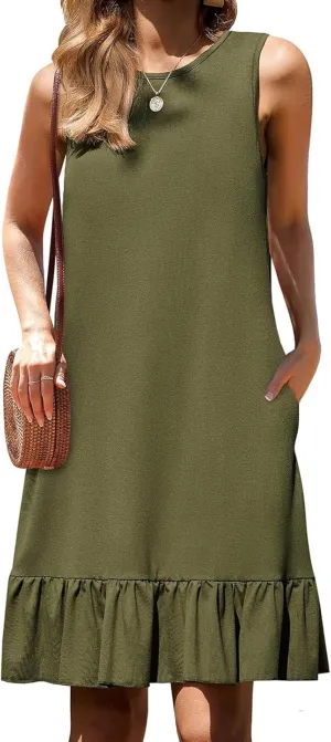 Women's Black Solid Sleeveless Crewneck Shift Mini Dress with Ruffled Hem Elegant Causal 2025 Summer Fashion Clothes