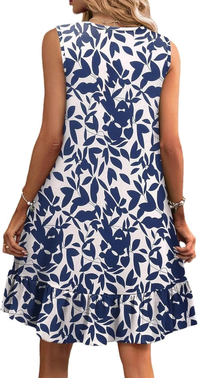Women's Black Solid Sleeveless Crewneck Shift Mini Dress with Ruffled Hem Elegant Causal 2025 Summer Fashion Clothes
