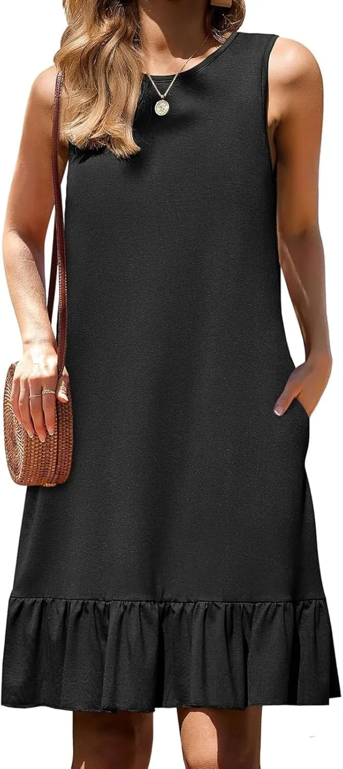 Women's Black Solid Sleeveless Crewneck Shift Mini Dress with Ruffled Hem Elegant Causal 2025 Summer Fashion Clothes