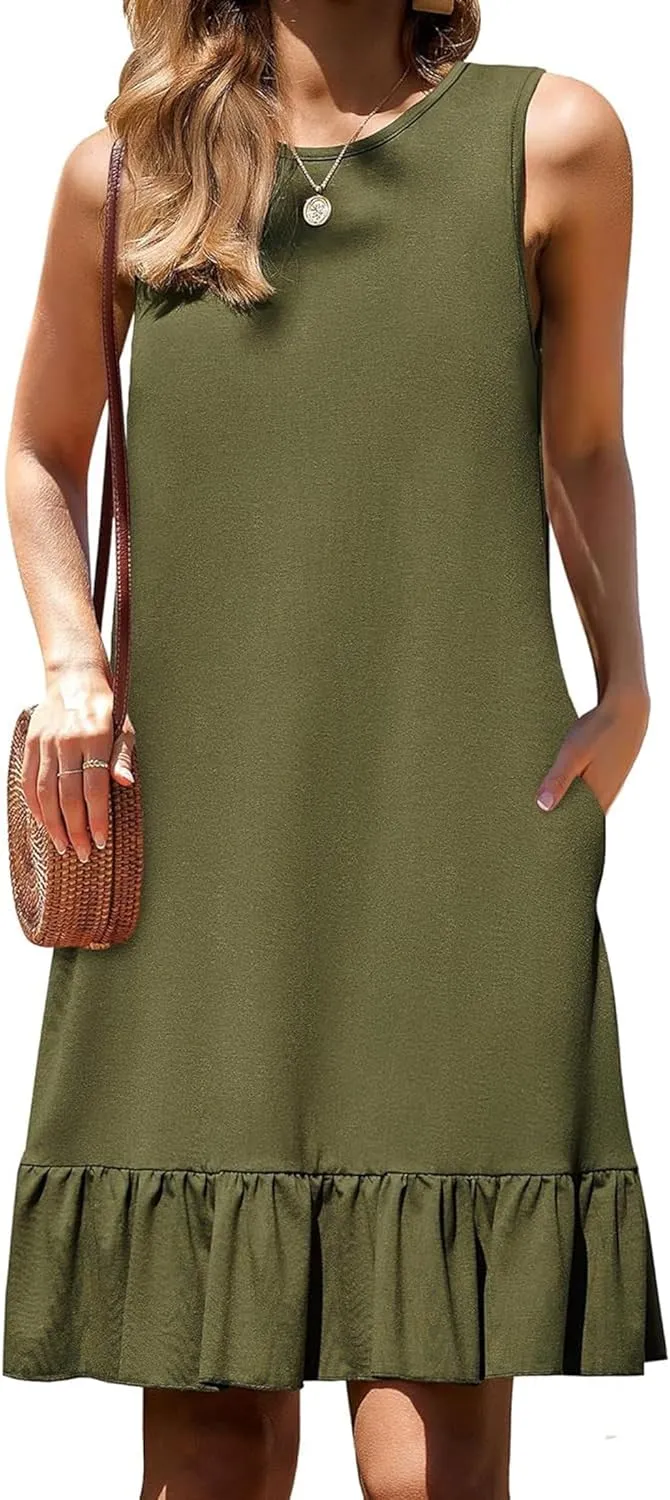 Women's Black Solid Sleeveless Crewneck Shift Mini Dress with Ruffled Hem Elegant Causal 2025 Summer Fashion Clothes