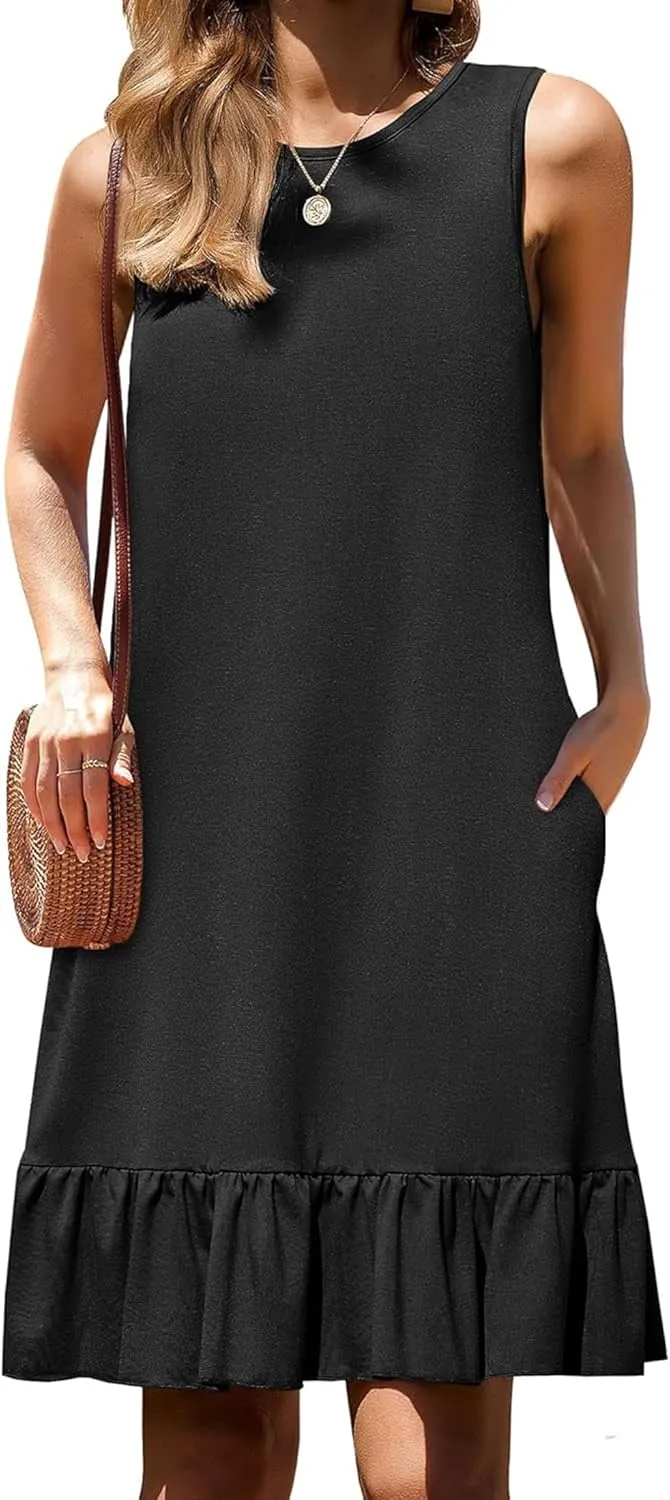 Women's Black Solid Sleeveless Crewneck Shift Mini Dress with Ruffled Hem Elegant Causal 2025 Summer Fashion Clothes