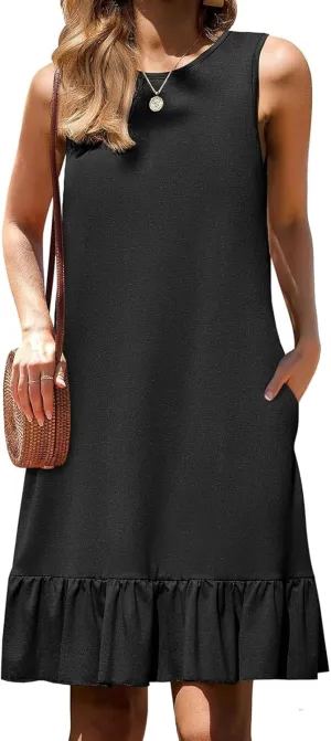 Women's Black Solid Sleeveless Crewneck Shift Mini Dress with Ruffled Hem Elegant Causal 2025 Summer Fashion Clothes