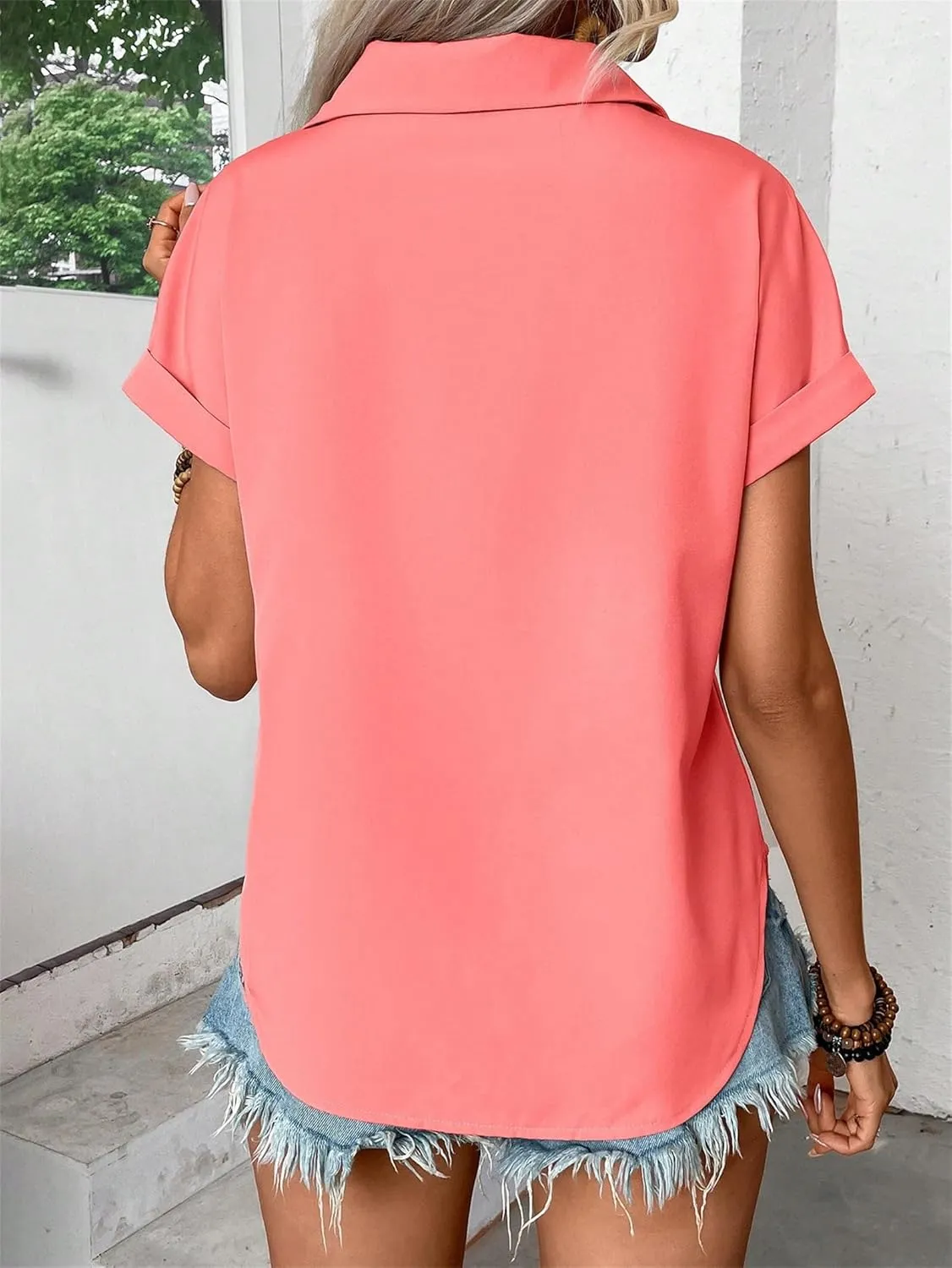 Women's Button Down Shirt Pleated Short Sleeve, 2025 V Neck Collared Casual Tops Textured Work Summer Outfits