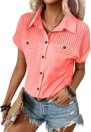 Women's Button Down Shirt Pleated Short Sleeve, 2025 V Neck Collared Casual Tops Textured Work Summer Outfits