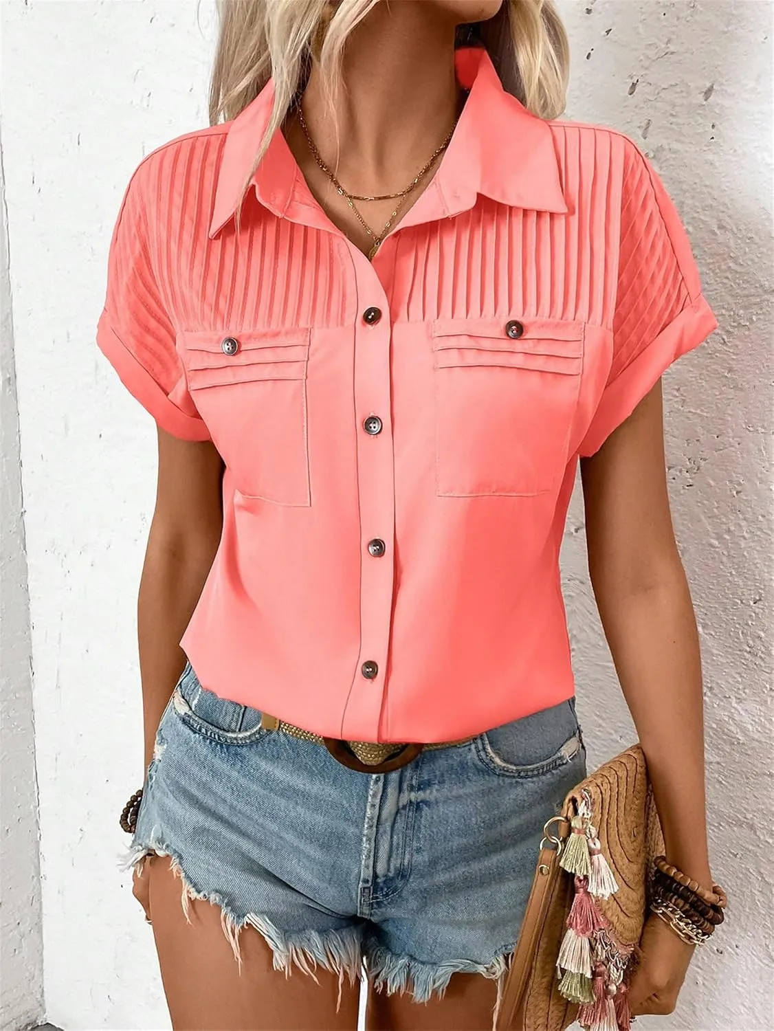 Women's Button Down Shirt Pleated Short Sleeve, 2025 V Neck Collared Casual Tops Textured Work Summer Outfits