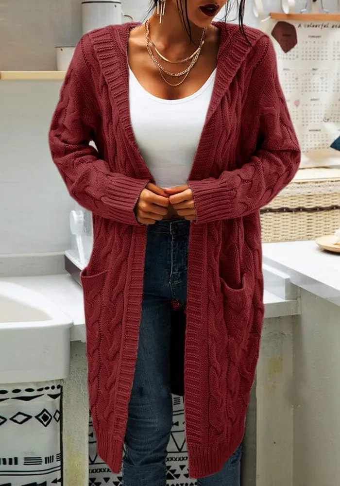 Women's Cable Knit Long Sleeve Sweater Cardigan Open Front Long Cardigans Pocket Hooded Casual Outwear