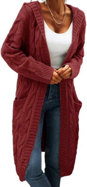 Women's Cable Knit Long Sleeve Sweater Cardigan Open Front Long Cardigans Pocket Hooded Casual Outwear