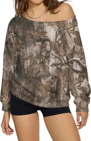 Womens Camo Off The Shoulder Sweatshirt Maple Leaf Print One Shoulder Sweatshirts Long Sleeve Loose Fleece Pullover