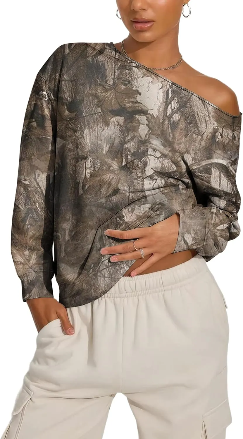 Womens Camo Off The Shoulder Sweatshirt Maple Leaf Print One Shoulder Sweatshirts Long Sleeve Loose Fleece Pullover