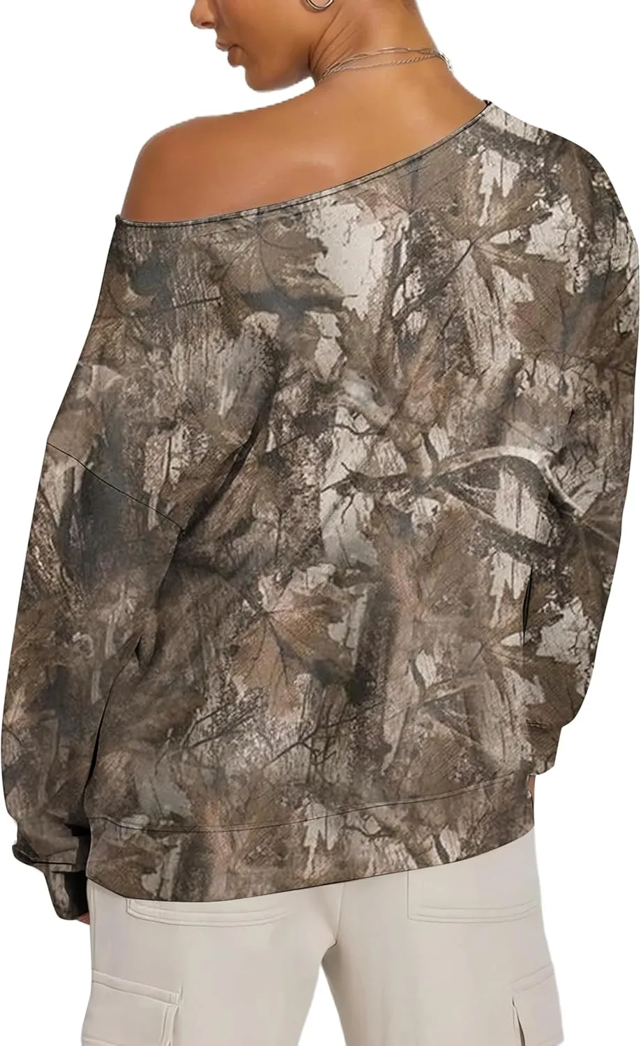 Womens Camo Off The Shoulder Sweatshirt Maple Leaf Print One Shoulder Sweatshirts Long Sleeve Loose Fleece Pullover