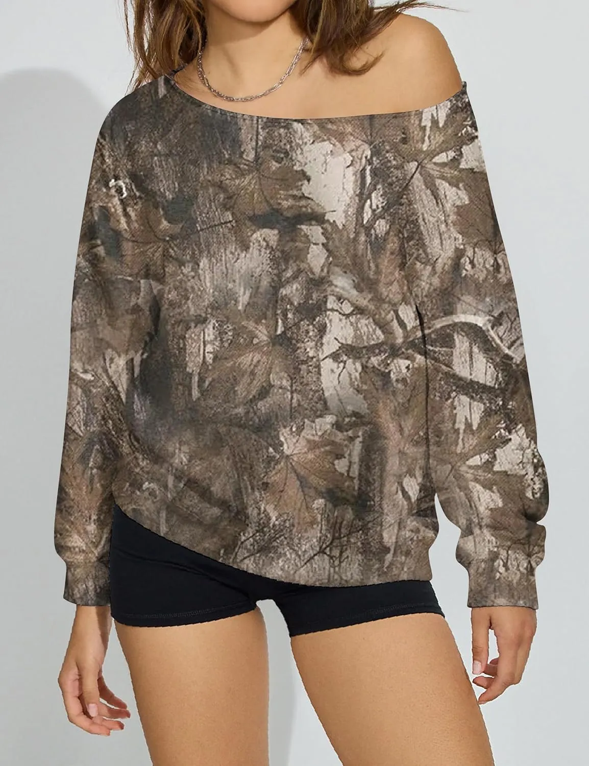Womens Camo Off The Shoulder Sweatshirt Maple Leaf Print One Shoulder Sweatshirts Long Sleeve Loose Fleece Pullover