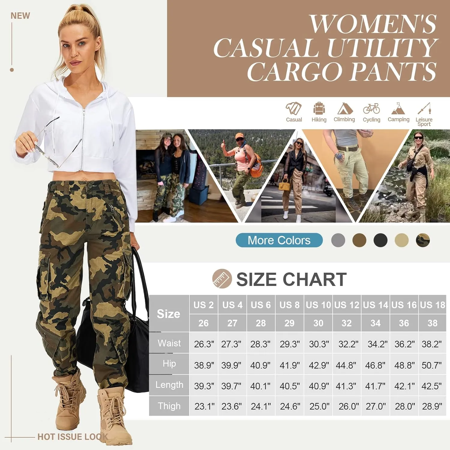 Womens Cargo Army Combat Work Pants with 8 Pockets Casual Cotton Ripstop Construction Pants
