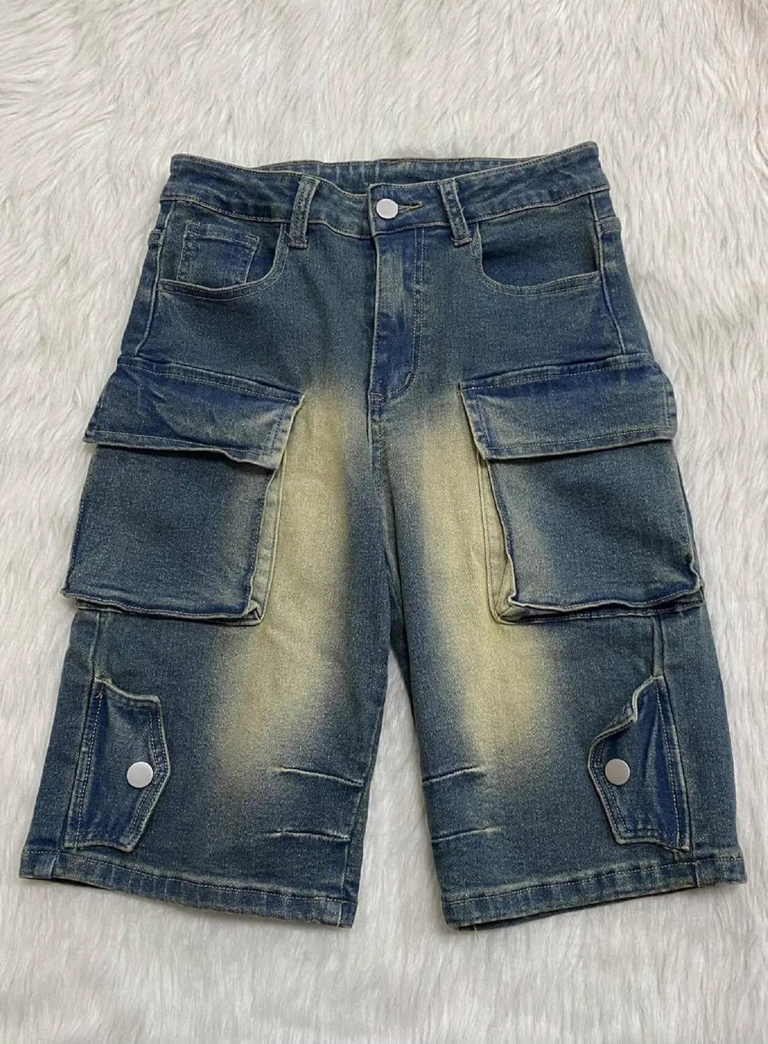 Womens Cargo Jean Shorts High Waisted Straight Leg Casual Ripped Raw Hem Denim Shorts with Pockets