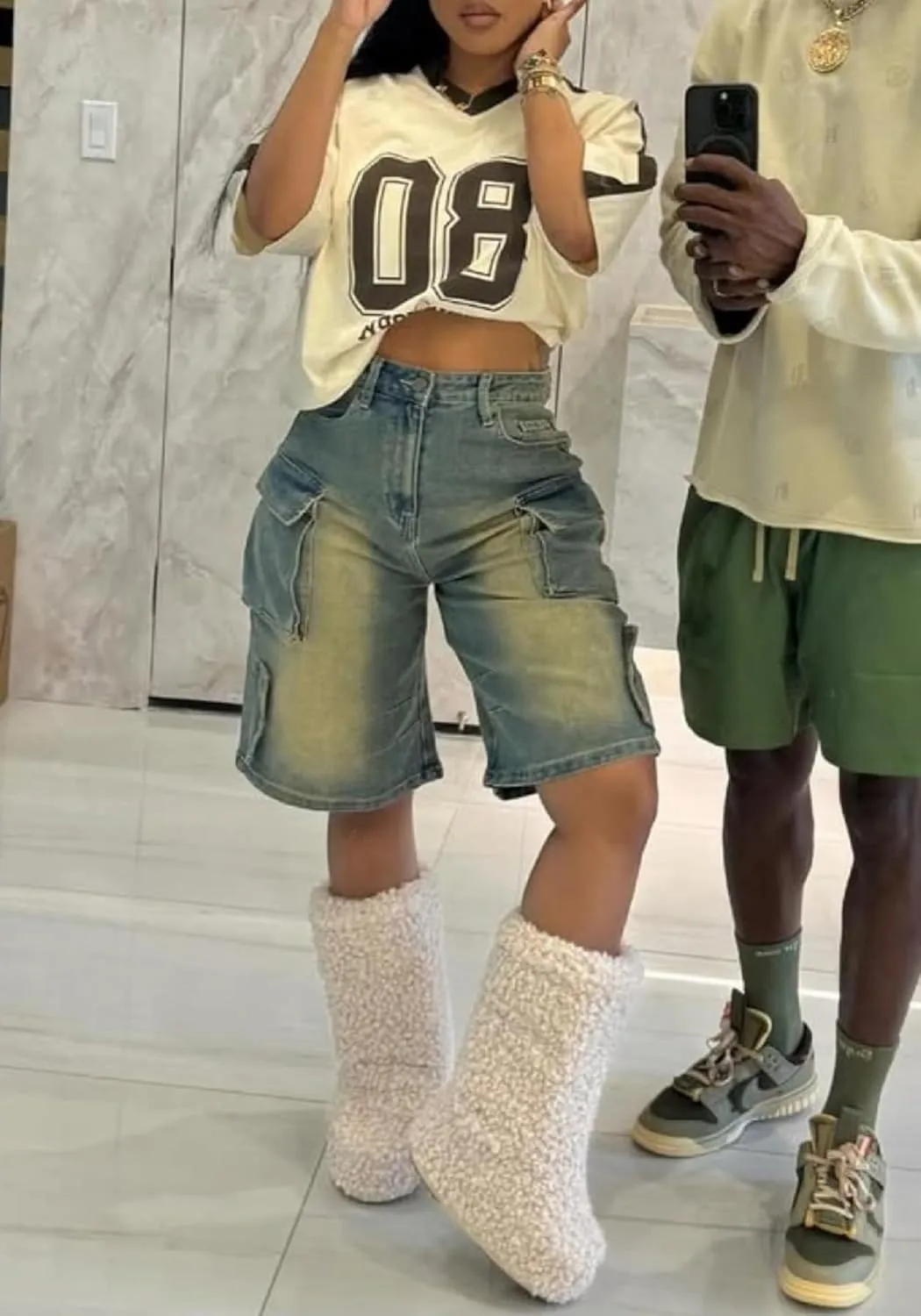 Womens Cargo Jean Shorts High Waisted Straight Leg Casual Ripped Raw Hem Denim Shorts with Pockets