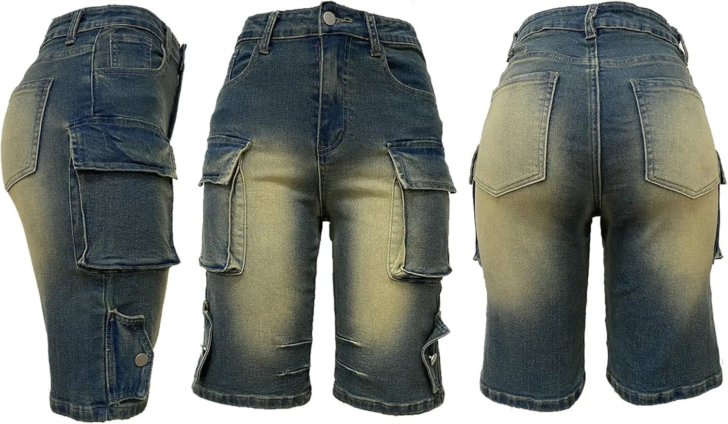 Womens Cargo Jean Shorts High Waisted Straight Leg Casual Ripped Raw Hem Denim Shorts with Pockets