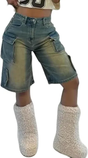 Womens Cargo Jean Shorts High Waisted Straight Leg Casual Ripped Raw Hem Denim Shorts with Pockets