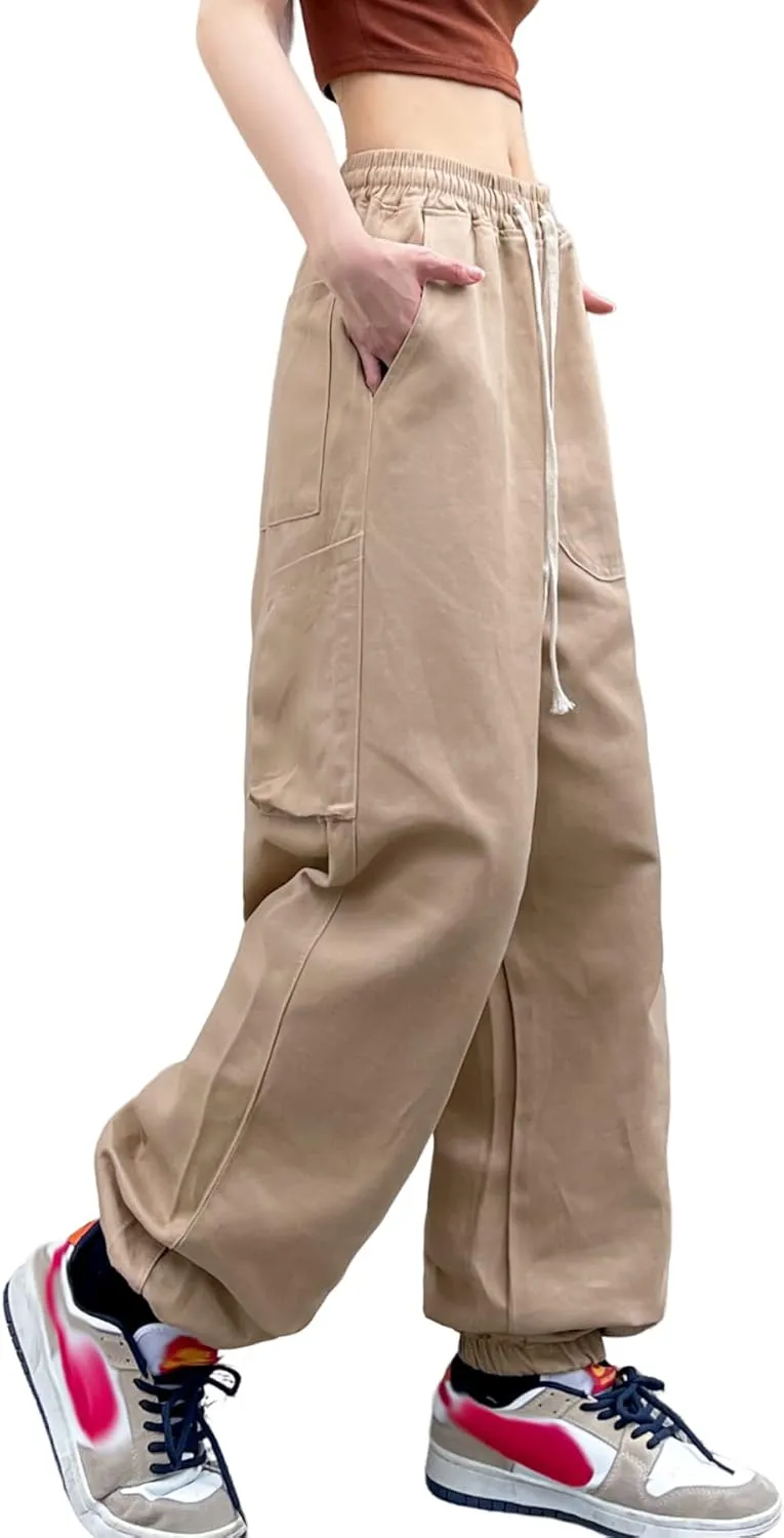 Women's Cargo Joggers Pants Hip Hop Goth Drawstring Elastic Waist Hiking Baggy Jeans for Girls Y2K Fashion