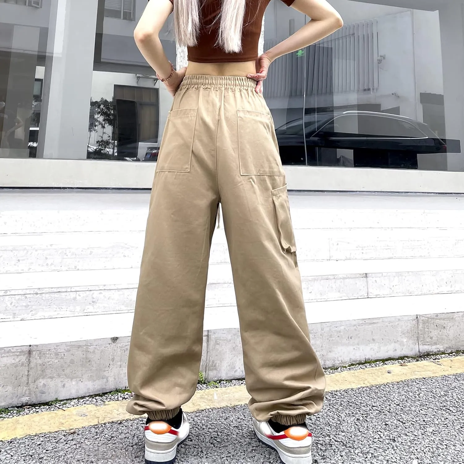 Women's Cargo Joggers Pants Hip Hop Goth Drawstring Elastic Waist Hiking Baggy Jeans for Girls Y2K Fashion