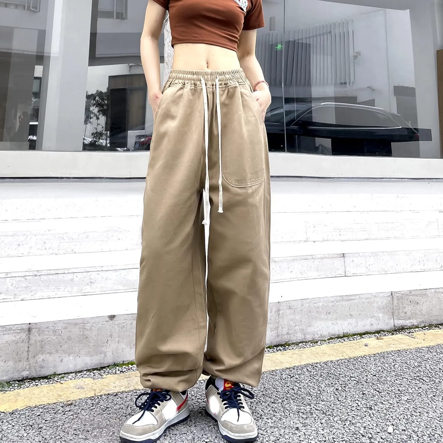 Women's Cargo Joggers Pants Hip Hop Goth Drawstring Elastic Waist Hiking Baggy Jeans for Girls Y2K Fashion