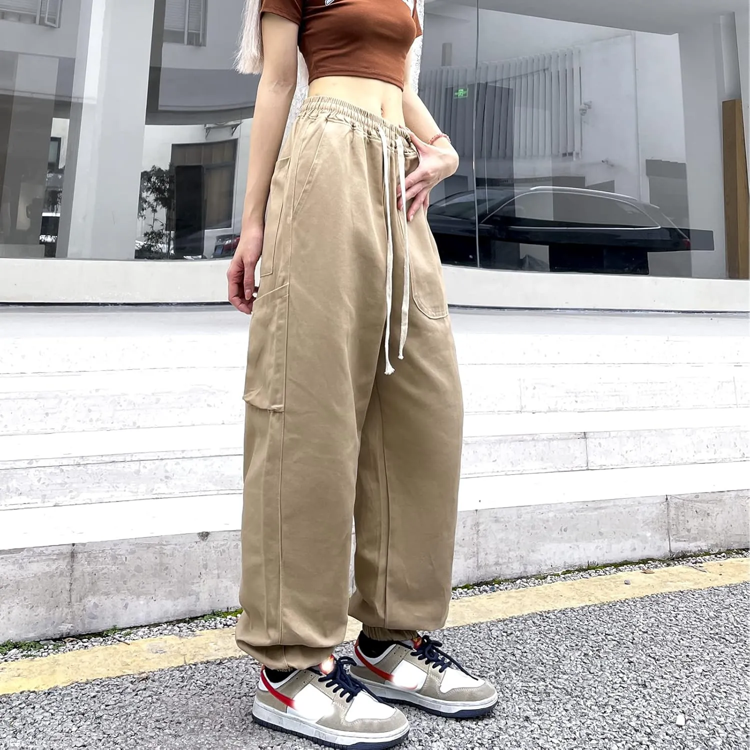 Women's Cargo Joggers Pants Hip Hop Goth Drawstring Elastic Waist Hiking Baggy Jeans for Girls Y2K Fashion