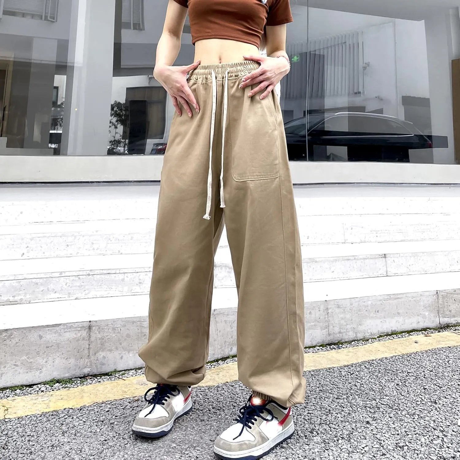 Women's Cargo Joggers Pants Hip Hop Goth Drawstring Elastic Waist Hiking Baggy Jeans for Girls Y2K Fashion