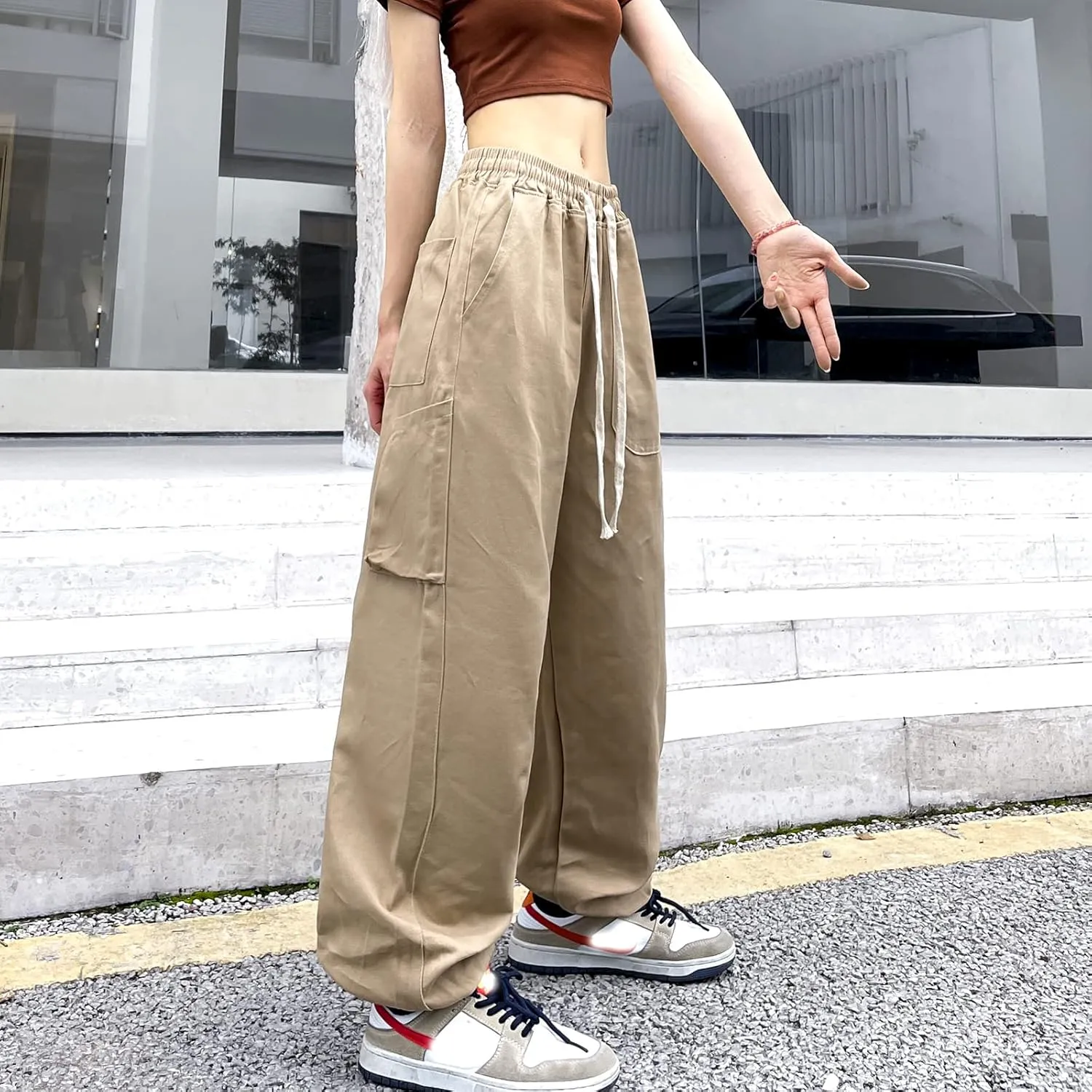 Women's Cargo Joggers Pants Hip Hop Goth Drawstring Elastic Waist Hiking Baggy Jeans for Girls Y2K Fashion