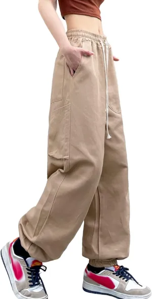 Women's Cargo Joggers Pants Hip Hop Goth Drawstring Elastic Waist Hiking Baggy Jeans for Girls Y2K Fashion