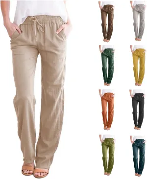 Womens Casual Cotton Linen Pants Lightweight Summer Relax Fit Elastic Waist Plus Size Solid Lounge Long Trousers