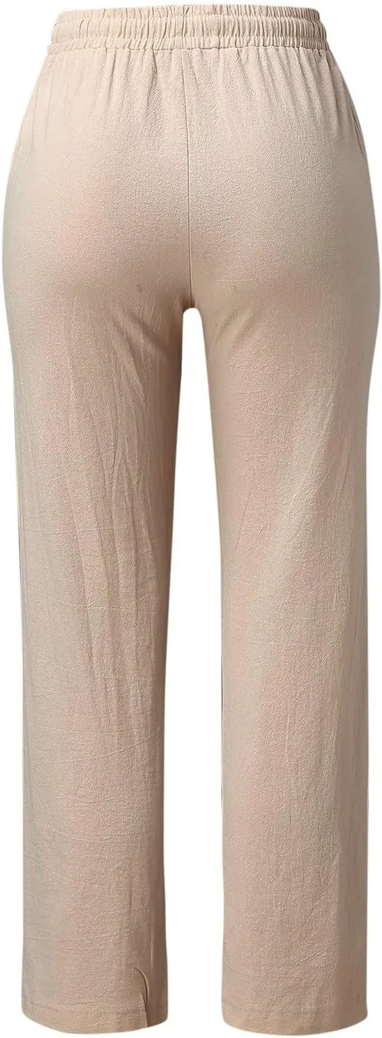 Womens Casual Cotton Linen Pants Lightweight Summer Relax Fit Elastic Waist Plus Size Solid Lounge Long Trousers