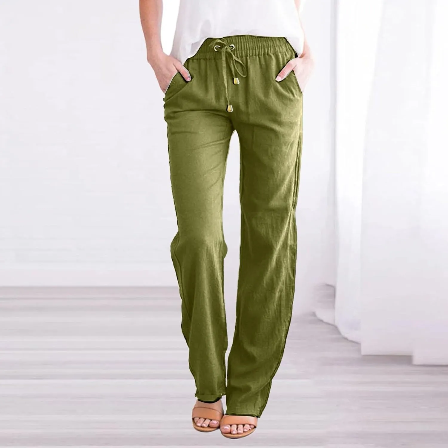 Womens Casual Cotton Linen Pants Lightweight Summer Relax Fit Elastic Waist Plus Size Solid Lounge Long Trousers