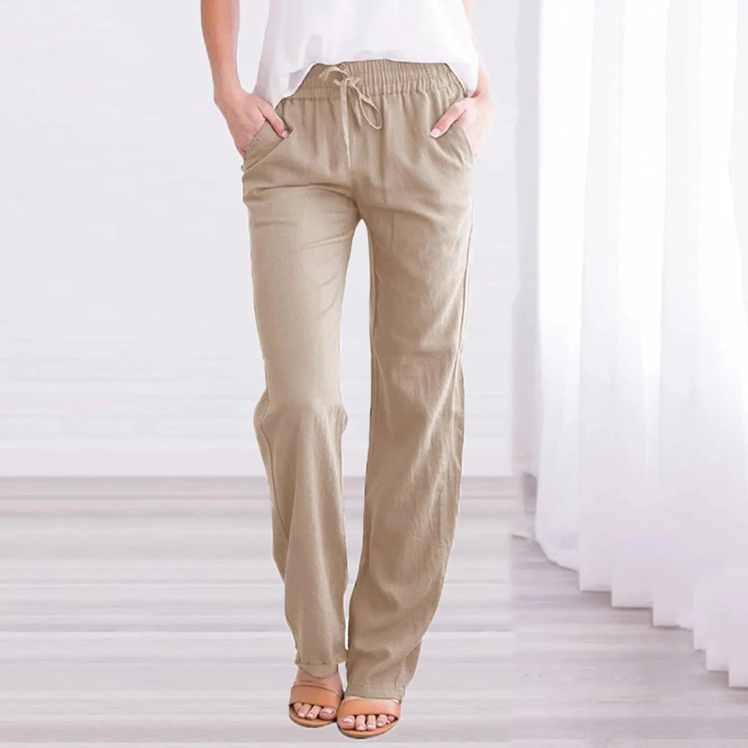 Womens Casual Cotton Linen Pants Lightweight Summer Relax Fit Elastic Waist Plus Size Solid Lounge Long Trousers