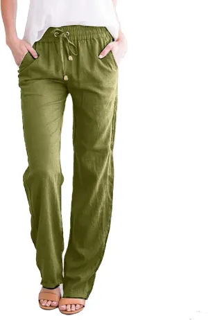 Womens Casual Cotton Linen Pants Lightweight Summer Relax Fit Elastic Waist Plus Size Solid Lounge Long Trousers
