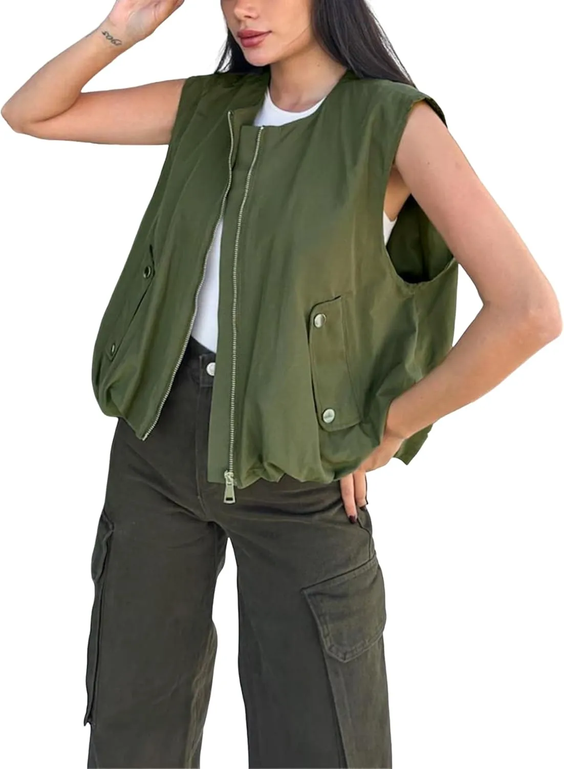 Women's Casual Zip Up Cargo Vest Cropped Sleeveless Ruched Hem Blazer Jackets Tops with Pockets
