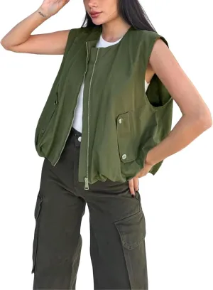 Women's Casual Zip Up Cargo Vest Cropped Sleeveless Ruched Hem Blazer Jackets Tops with Pockets