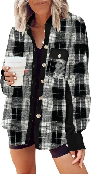 Womens Corduroy Button Down Shirts Color Block Long Sleeve Blouses Tops Jackets