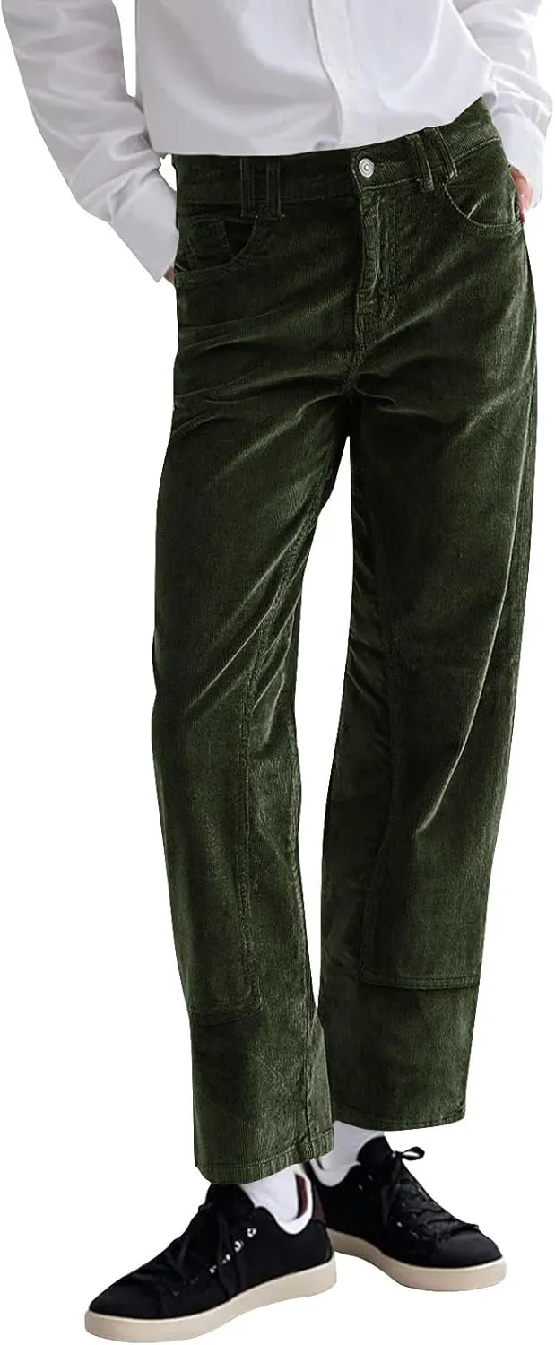 Womens Corduroy Pants Loose Mid Rise Pant Spring Fall Casual Straight Comfy Trousers with Pockets