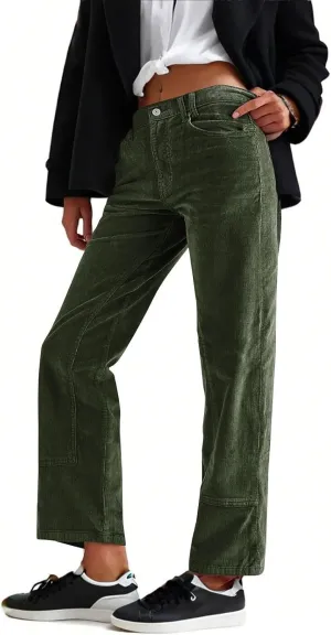 Womens Corduroy Pants Loose Mid Rise Pant Spring Fall Casual Straight Comfy Trousers with Pockets