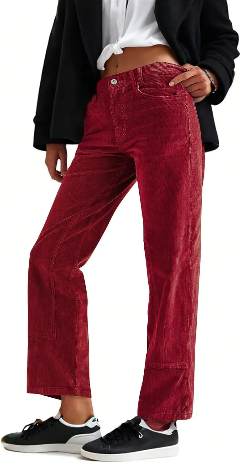 Womens Corduroy Pants Loose Mid Rise Pant Spring Fall Casual Straight Comfy Trousers with Pockets
