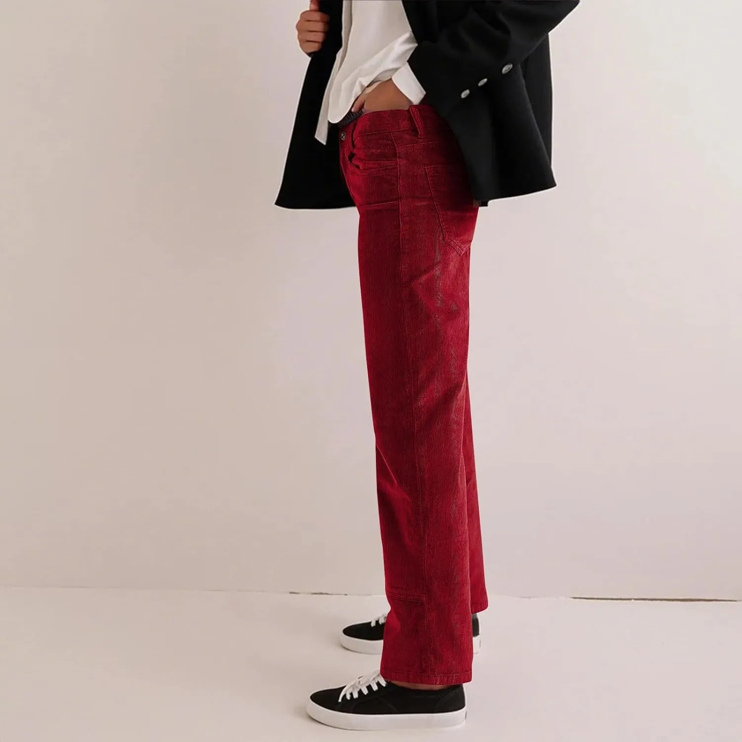 Womens Corduroy Pants Loose Mid Rise Pant Spring Fall Casual Straight Comfy Trousers with Pockets