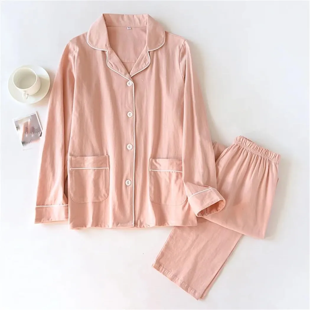 Women's Cotton Knitted 2-Piece Pajama Set Long Sleeve Spring Autumn Loungwear