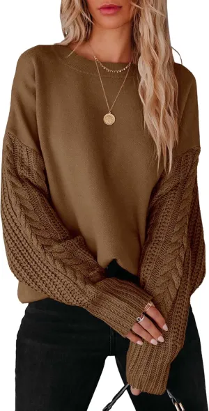 Womens Crewneck Long Sleeve Pullover Sweaters Cable Knit Casual Loose Chunky Sweater Tops