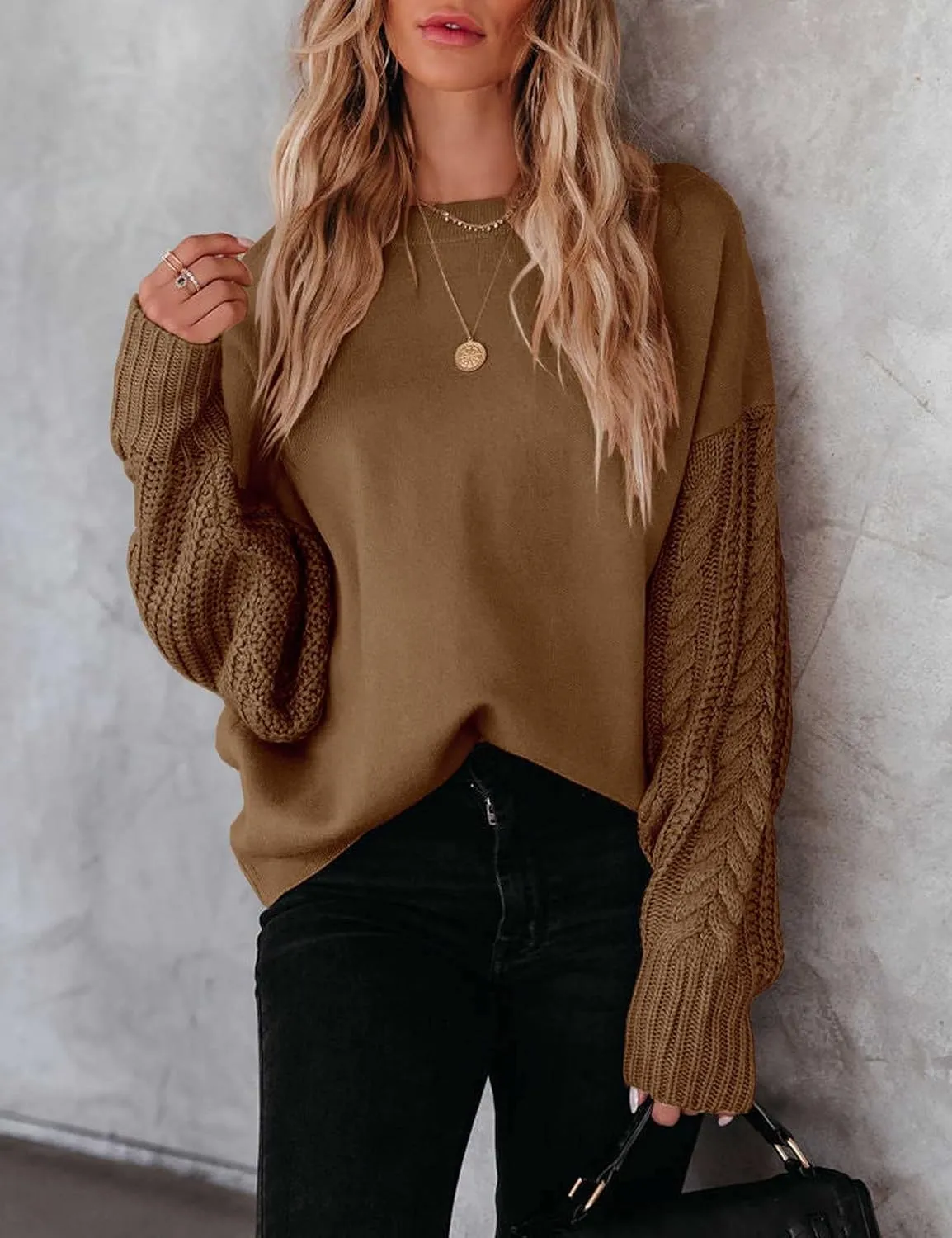 Womens Crewneck Long Sleeve Pullover Sweaters Cable Knit Casual Loose Chunky Sweater Tops
