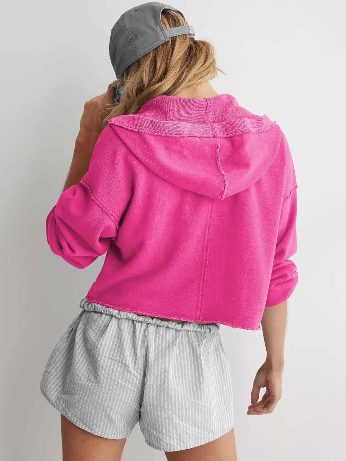 Womens Cropped Hoodies Long Sleeve V Neck Ripped Pullover Sweatshirts with Hooded Casual Crop Tops Trendy 2025
